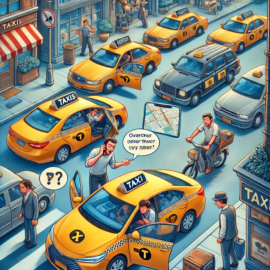 DALL·E 2024-08-16 11.34.51 - A detailed scene illustrating common taxi scams. The image shows a bustling city street with a line of taxis. One taxi driver is overcharging a confus