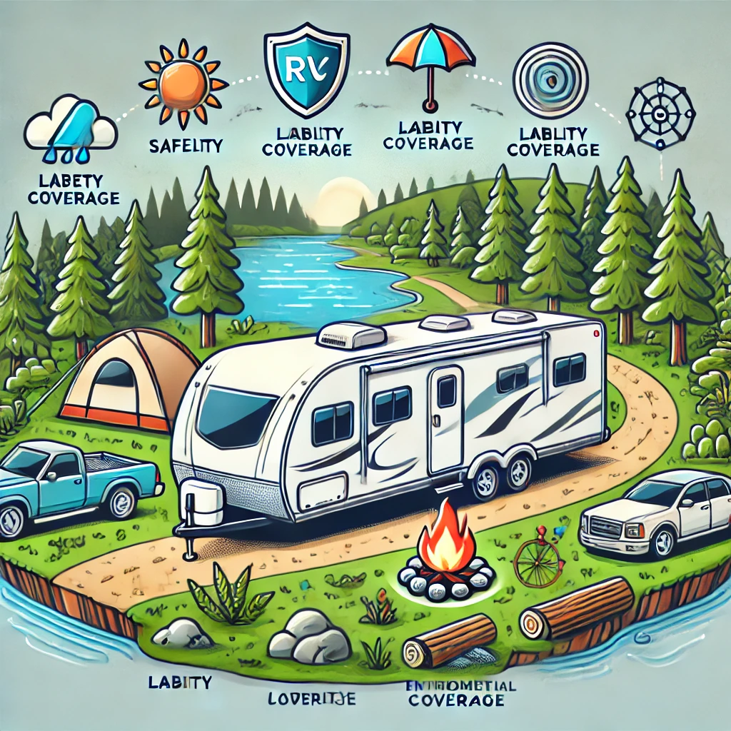 A detailed illustration showcasing a recreational vehicle (RV) parked in a scenic outdoor setting, such as a campsite near a lake or forest.